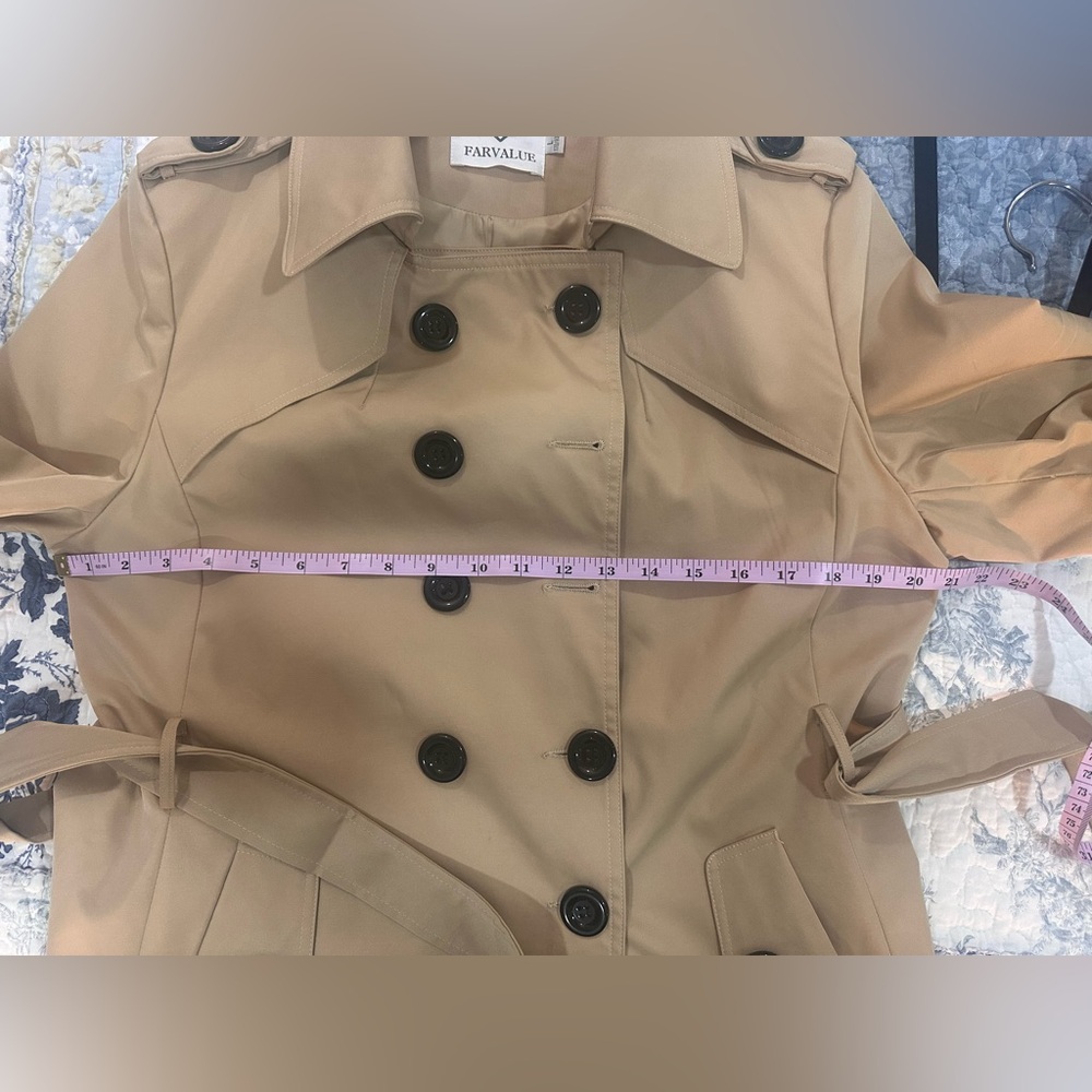 🧥 Farvalue Beige Trenchcoat, large, double breasted, buttons, knee length, belt - Picture 13 of 16